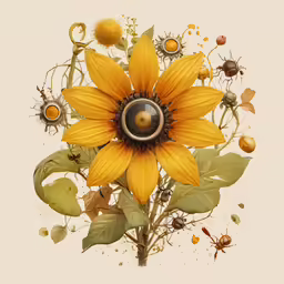 a painting of a sunflower with other bugs around it