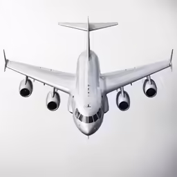a large jetliner flying through a white sky