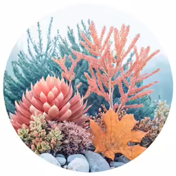a circular picture of a sea plant and some rocks