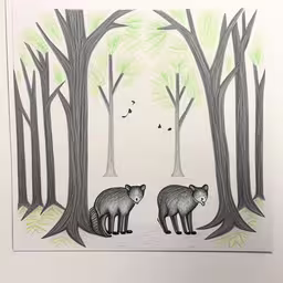 a drawing of two bears are on the tree line
