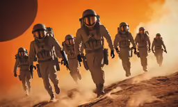 people in space suits are walking on a desert plain
