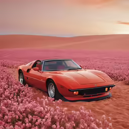 a red car is parked in the middle of pink flowers