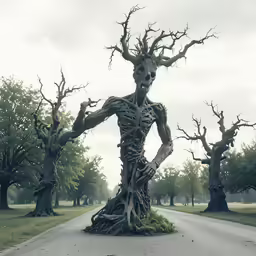 a road is lined with trees with crooked limbs