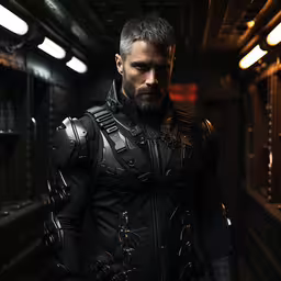 a man dressed up in armor looking off into the distance,an image of the avengers in black armor