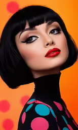a model with dark hair wearing a polka dot print dress