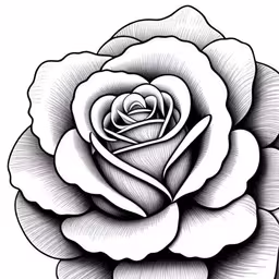 a rose tattoo is shown here,a drawing of a rose flower with lines coming out,a large rose drawing on paper in black and white,black and white drawing of a rose,a rose drawn in the style of line drawing