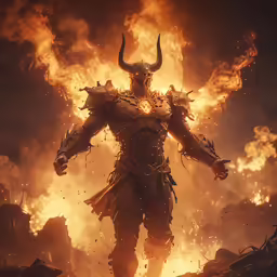 the demon warrior standing in a blazing scene