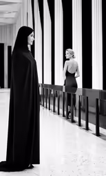 a woman dressed as burka walks through a hallway next to a statue