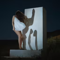 woman leaning on the back of cement block and casting shadow of figure