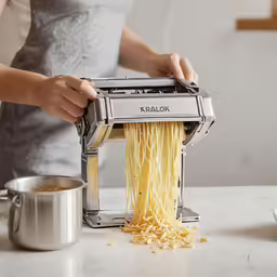 woman adding noodles from a pasta maker into a bowl
