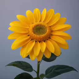 the large sunflower has a yellow center and green leaves