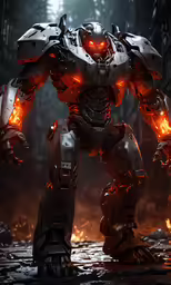 a sci - fily creature with fiery eyes and arms
