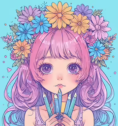 an anime girl holding pencils with flowers in her hair