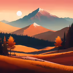 a painting of a mountain range with trees and sunset in background,an illustration of a sunrise in the mountains