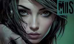 a woman with green eyes is holding her hand near her head