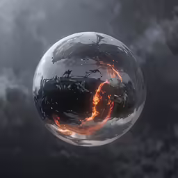 a black and white ball filled with flames