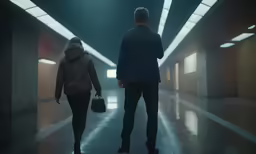 the dark tower features two people walking in an empty building