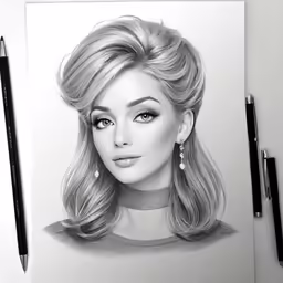 a pencil drawing of a woman with bangs and big eyes