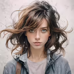 a young woman with her hair flying in the wind