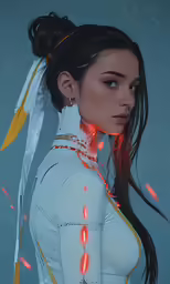 a woman in a white futuristic suit standing