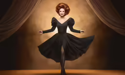 a painting of a woman in black dress, in front of a curtain