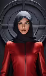 a 3d woman wearing a red dress and black head covering