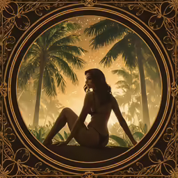 a woman sitting on the ground next to palm trees