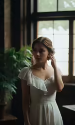 woman in wedding dress standing near plant in room