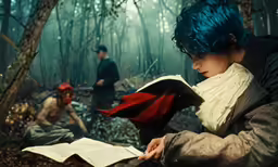 a woman with blue hair reading a book in the woods