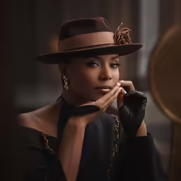 the woman is wearing a hat and black clothes