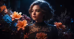 woman looking to camera wearing sheer top and flowers in hair
