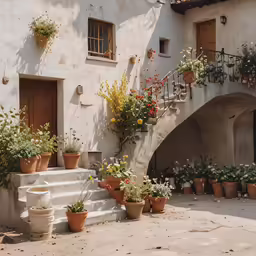 a bunch of potted plants near steps outside of a building