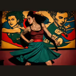 a woman in a red top and green skirt doing a dancing pose