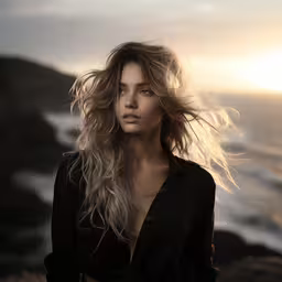woman with long flowing hair on beach with ocean in background,a woman in black posing near the ocean