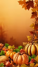 a large pumpkin and many smaller ones in front of a tree,autumn pumpkins, leaves and sunburst in a fall foliage display