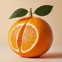 half an orange with a green leaf on a white background