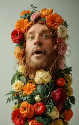 there is an image of man in flowers with tomato on his face