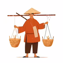 a drawing with a person carrying bamboo baskets