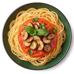 pasta topped with mushroom, tomato sauce and a side dish