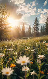 the sun is shining in a field full of wildflowers