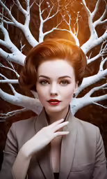 a woman is wearing a suit in front of white branches