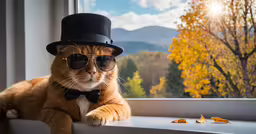 an orange cat in a black top hat and sunglasses leans over a ledge
