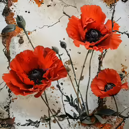 three red flowers sitting on a metal shelf