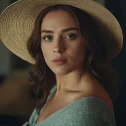 a woman wearing a large beige hat