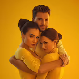 three people standing together with one wearing a ponytail