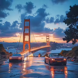 a view of a bridge in front of a car driving by it