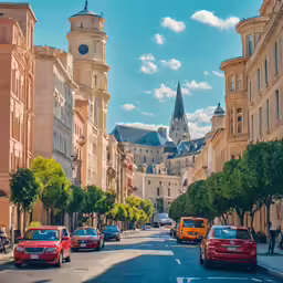 a street lined with cars driving on a sunny day