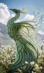 a bird statue that looks like it is sitting on some flowers