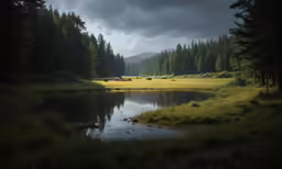 a field with trees and a pond