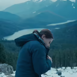 the woman is standing on the snow looking at her cell phone